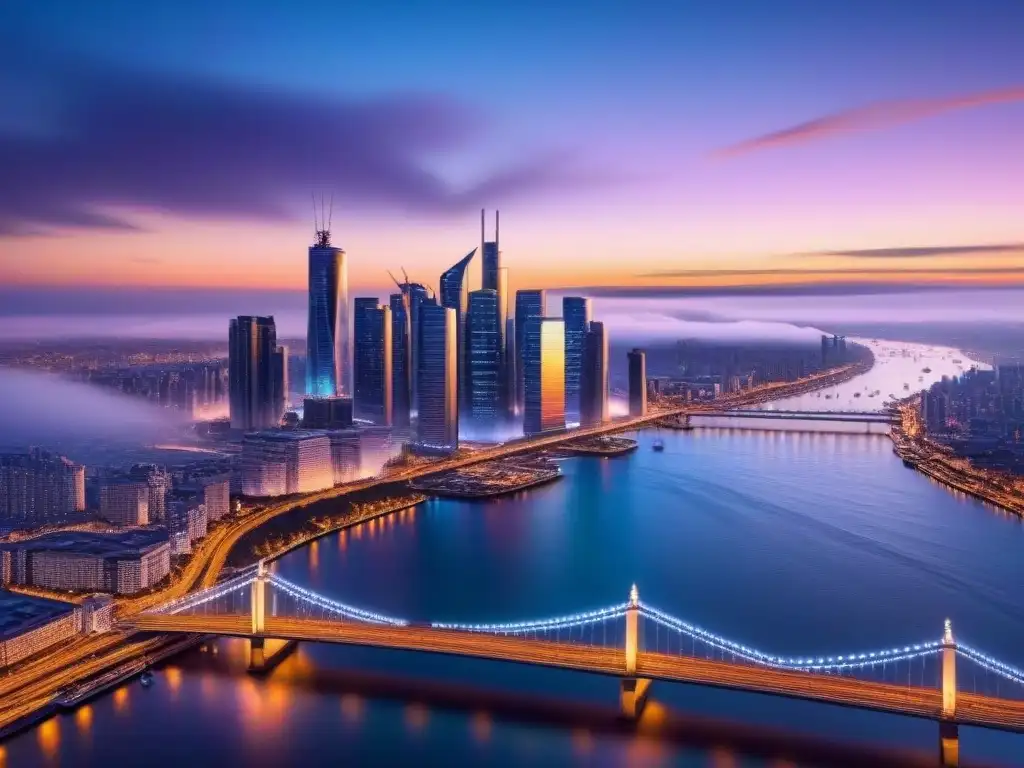 Metrópolis futurista: luces y tecnología en la ciudad del mañana Vibrante ciudad futurista al anochecer con rascacielos y vehículos voladores, reflejando las tendencias mercado inmobiliario global