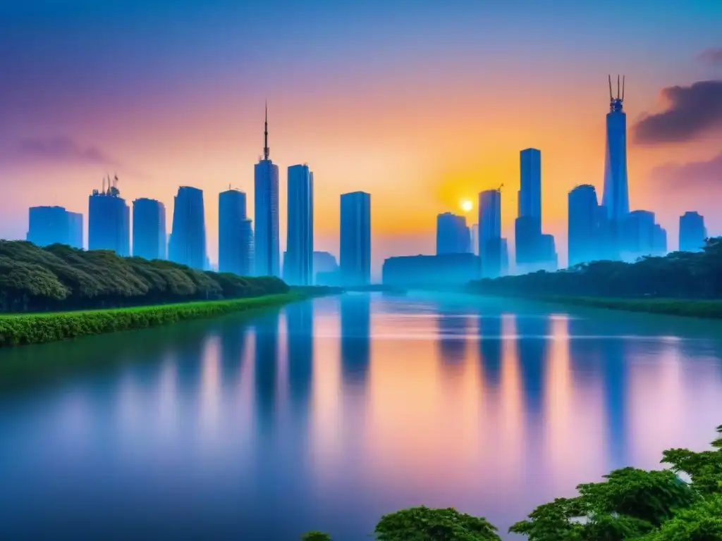 Horizonte futurista: ciudad de rascacielos eco-modernos al atardecer Vibrante ciudad futurista con rascacielos modernos y espacios verdes, reflejando el atardecer en un río brillante