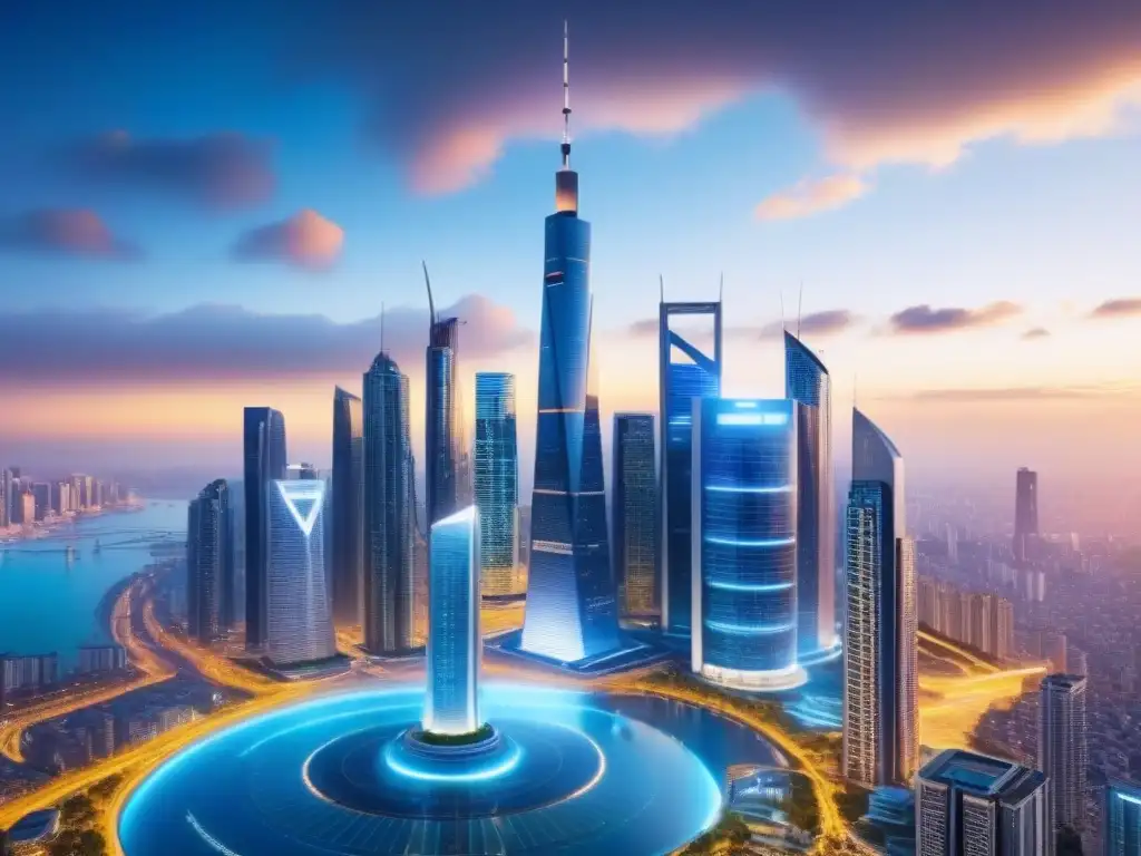 Metrópolis futurista: mercado inmobiliario internacional en tiempo real Vibrante ciudad futurista con rascacielos y pantallas de cambio de divisas