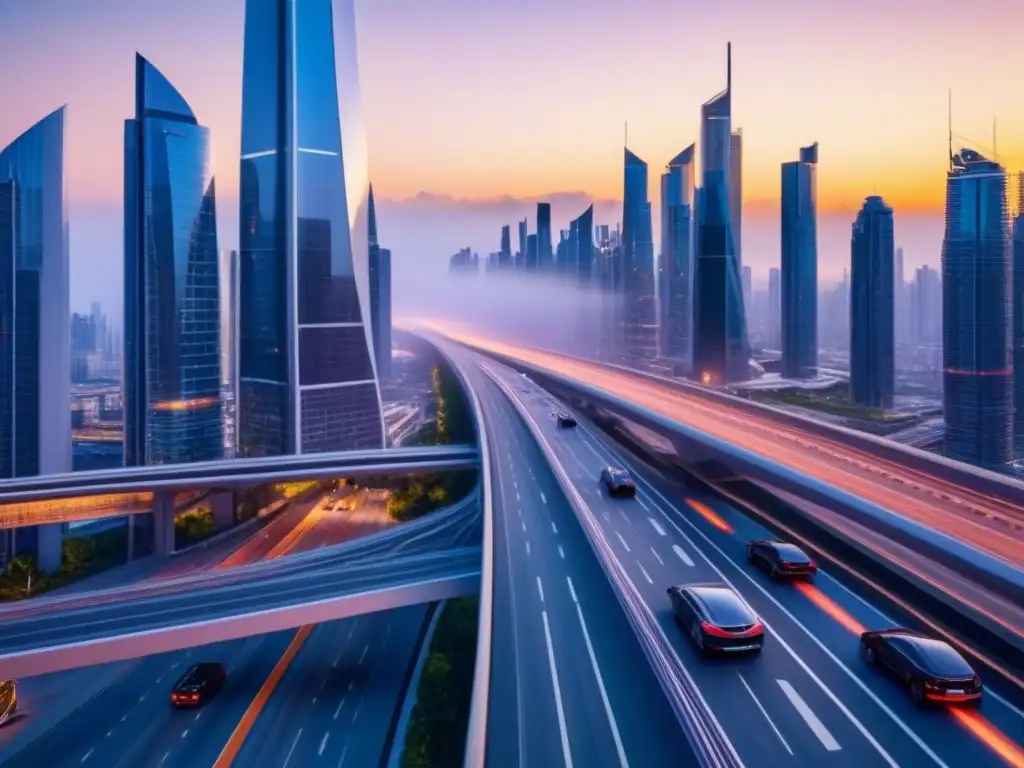 Horizonte futurista: metrópolis 8k con rascacielos y drones Vibrante ciudad futurista al anochecer con rascacielos reflectantes, peatones elegantes y autos autónomos