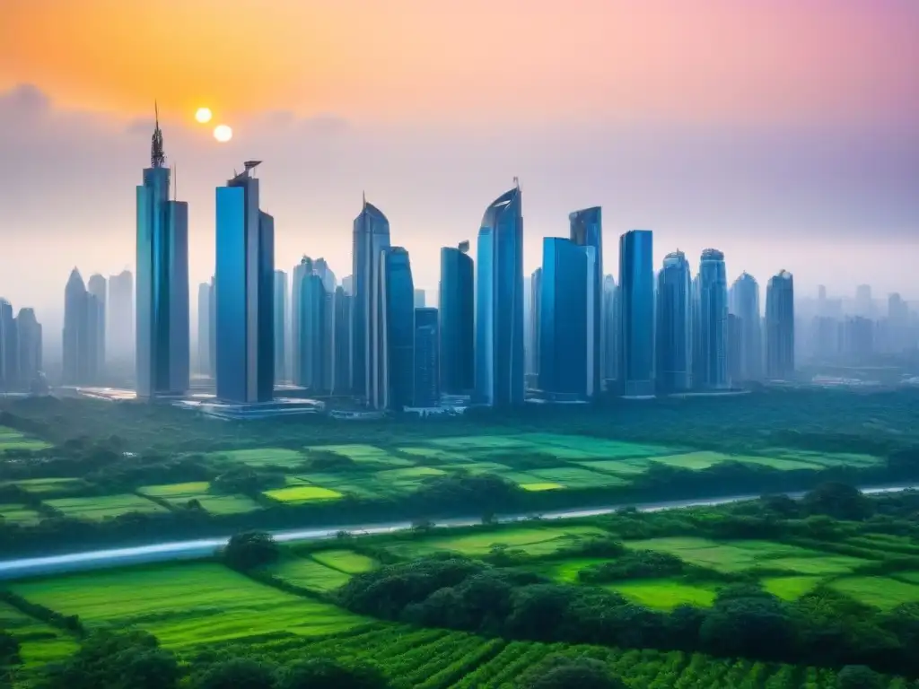 Horizonte futurista: ciudad sostenible y próspera al atardecer Vibrante ciudad futurista con rascacielos reflejando el atardecer, arquitectura sostenible y vegetación