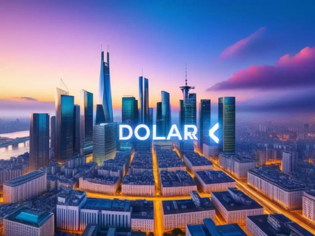 Skyline futurista: símbolos de divisas en vibrantes rascacielos Vibrante ciudad futurista con rascacielos representando símbolos de monedas, iluminados por colores cambiantes