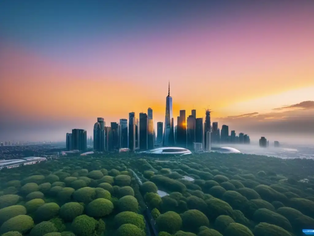 Horizonte futurista: Ciudad dorada en 8k Vibrante ciudad futurista con rascacielos modernos reflejando la luz dorada del atardecer, parques verdes y gente diversa