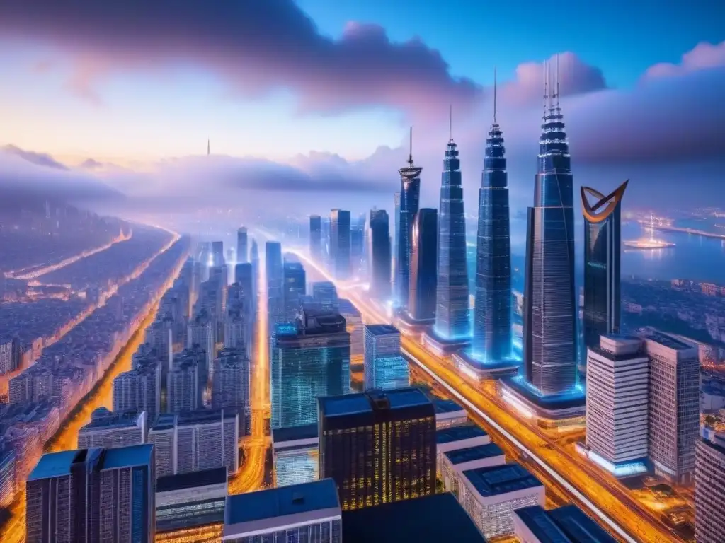 Metrópolis futurista: innovación y tecnología en inversiones inmobiliarias Vibrante ciudad futurista con rascacielos interconectados por luces brillantes y dispositivos IoT
