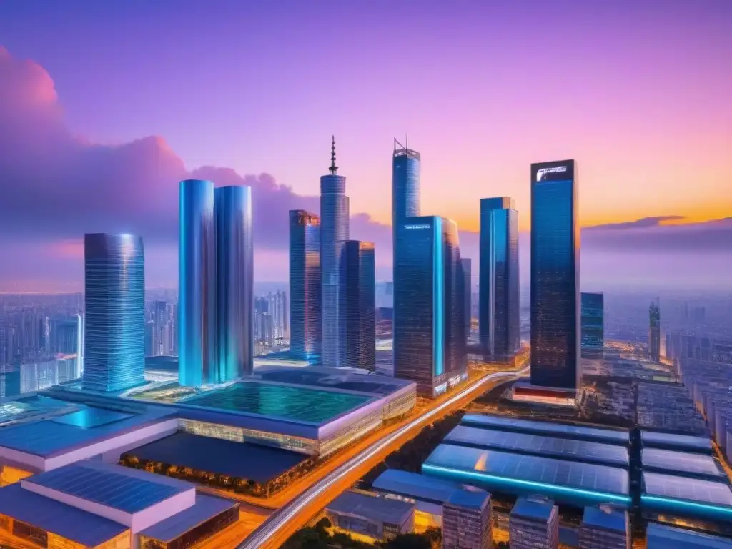 Metrópolis futurista: Integración de AI en la industria inmobiliaria Vibrante ciudad futurista al anochecer con rascacielos brillantes y drones, reflejando la automatización alquileres IA inmobiliaria
