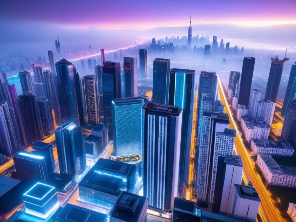 Metrópolis futurista: blockchain en transacciones inmobiliarias Vibrante ciudad futurista con rascacielos iluminados por luces neón, conectados por una red digital