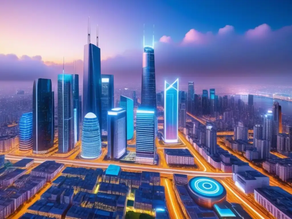 Ciudad futurista: Fusión ciberseguridad y bienes raíces Vibrante ciudad futurista con rascacielos interconectados, destacando la Importancia de la ciberseguridad en fusiones inmobiliarias