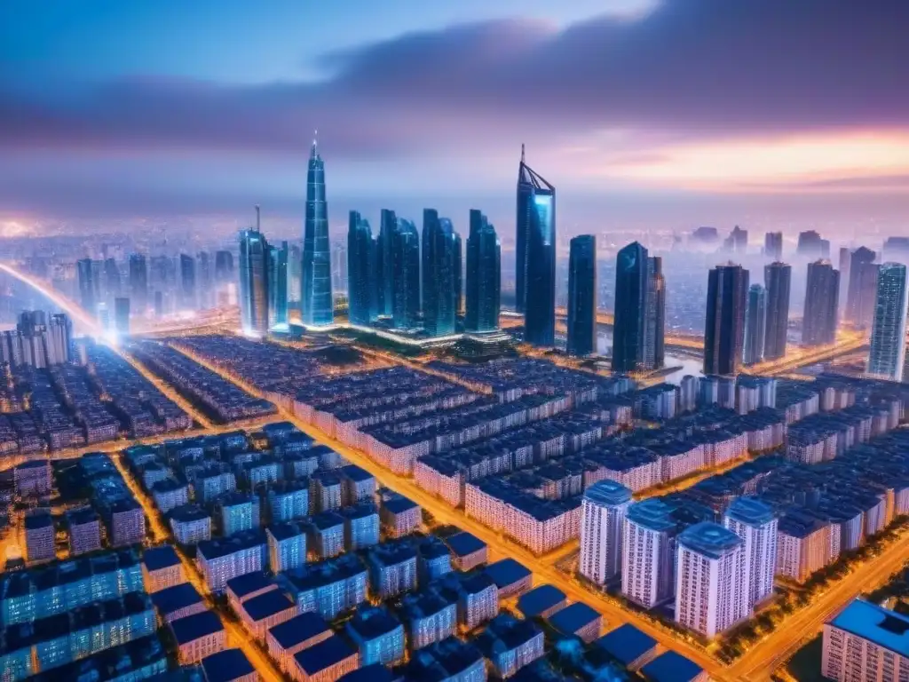 Metrópolis futurista con blockchain para inversores expatriados Vibrante ciudad futurista con rascacielos conectados por redes blockchain, simbolizando la inversión inmobiliaria internacional con blockchain