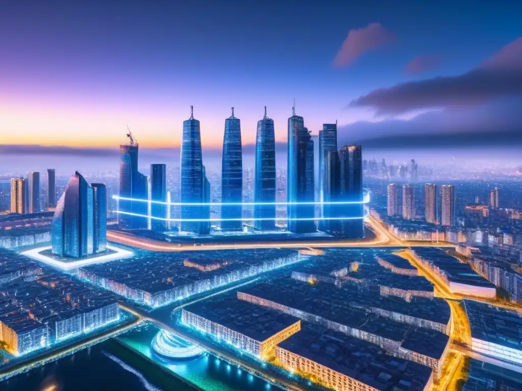 Metrópolis futurista blockchain: eficiencia inmobiliaria Vibrante ciudad futurista con rascacielos interconectados, mostrando la integración de la tecnología blockchain en gestión de propiedades