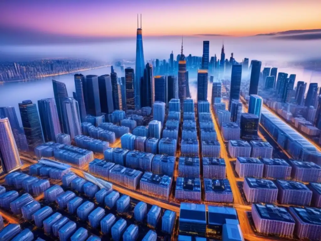 Metrópolis futurista: IA revoluciona inversiones inmobiliarias Vibrante ciudad futurista con rascacielos, tecnología AI y profesionales ocupados, reflejando Inteligencia Artificial en Inversiones Inmobiliarias