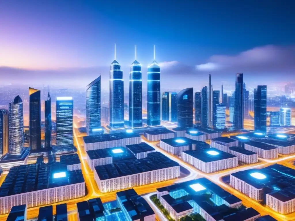 Blockchain en la ciudad del futuro: revolución inmobiliaria Vibrante ciudad futurista con rascacielos y redes blockchain brillantes