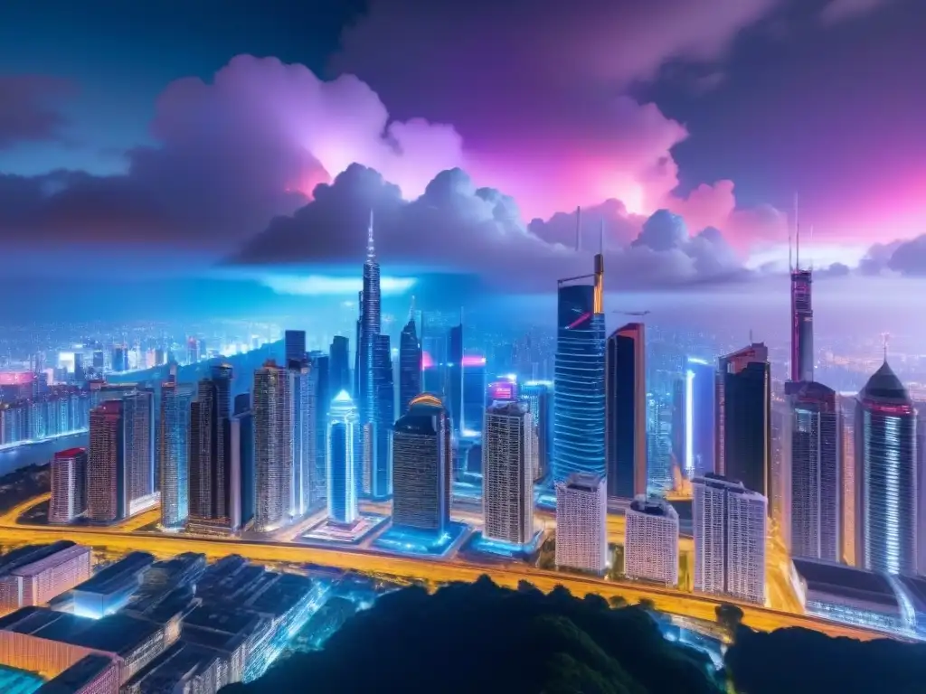 Metrópolis futurista en la nube: gestión inmobiliaria global Vibrante ciudad futurista con rascacielos iluminados por luces neón, reflejando la gestión de propiedades en la nube a escala global