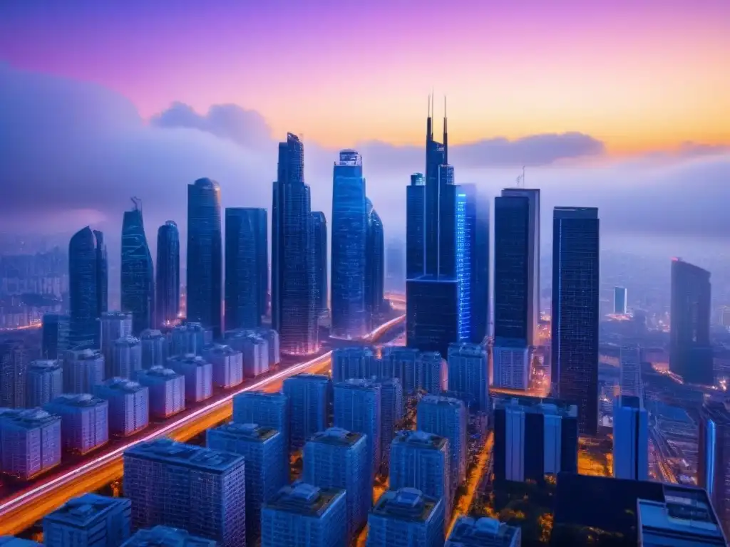 Cityscape futurista con servidores en la nube Vibrante ciudad futurista al anochecer, con rascacielos iluminados por luces de neón y servidores de nube integrados