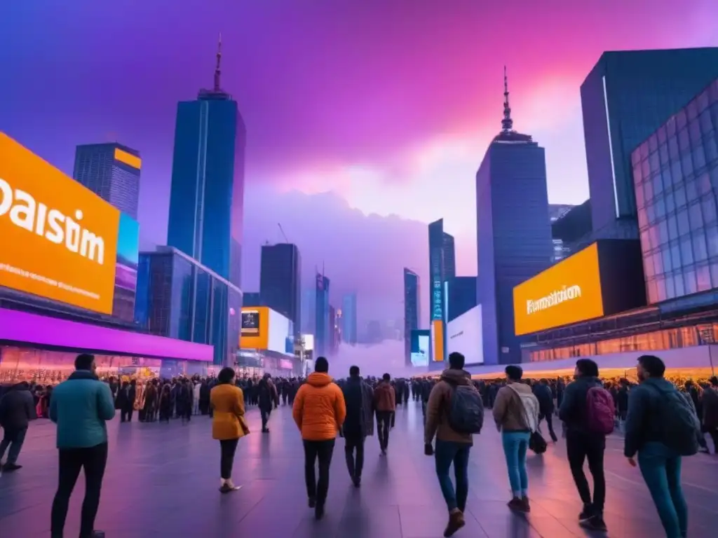 Horizonte urbano futurista al atardecer: innovación y diversidad en la ciudad Vibrante ciudad futurista al anochecer, con rascacielos dinámicos y personas diversas en la calle