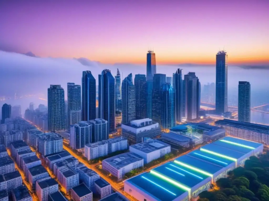 Metrópolis futurista: IA revoluciona gestión inmobiliaria Vibrante ciudad futurista al anochecer con rascacielos iluminados y un avanzado sistema de gestión inmobiliaria impulsado por inteligencia artificial