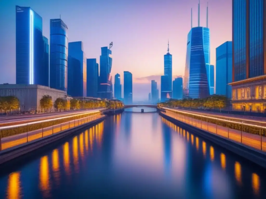 Horizonte futurista: ciudad de cristal iluminada por luces neón Vibrante ciudad futurista al anochecer, con rascacielos de vidrio iluminados por luces neón, reflejados en un río sereno