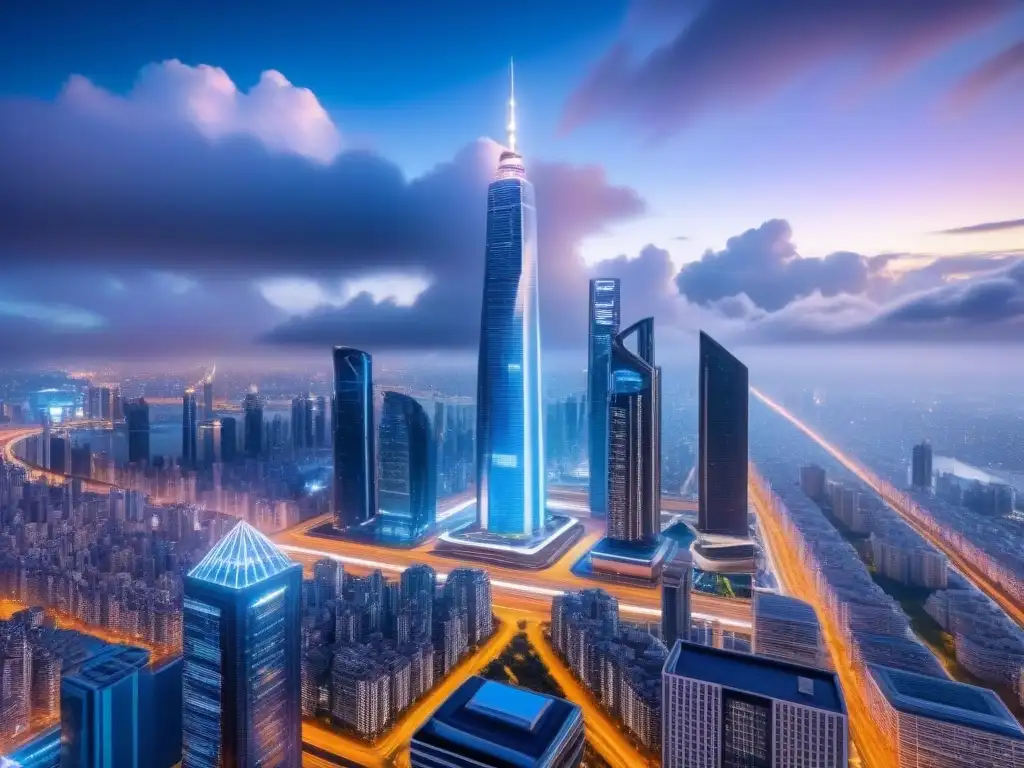 Metrópolis futurista: tecnología avanzada en propiedad en la nube Vibrante ciudad futurista con rascacielos iluminados y tecnología avanzada, reflejando la innovación de las plataformas de gestión inmobiliaria en la nube