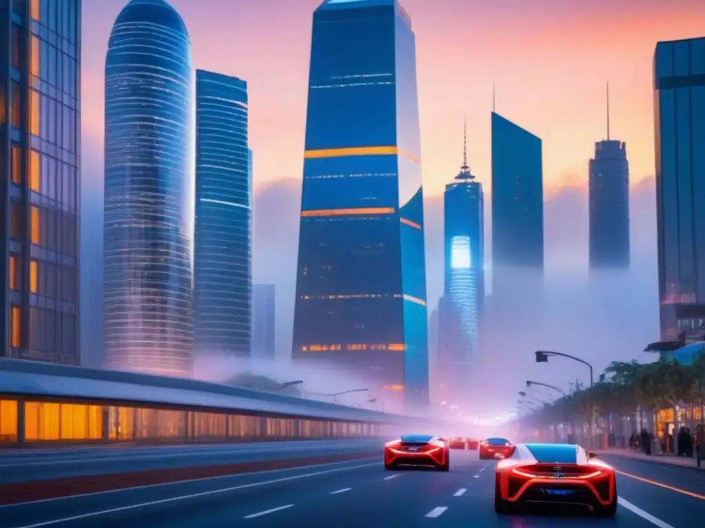 Metrópolis futurista: AI transformando el paisaje urbano Vibrante ciudad futurista al anochecer con rascacielos iluminados y vehículos autónomos en la calle