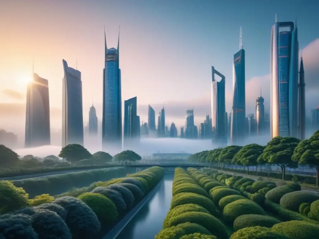 Metrópolis futurista: armonía entre modernidad y naturaleza en 8k Vibrante ciudad futurista con rascacielos reflejando el sol, fusionando naturaleza y arquitectura innovadora
