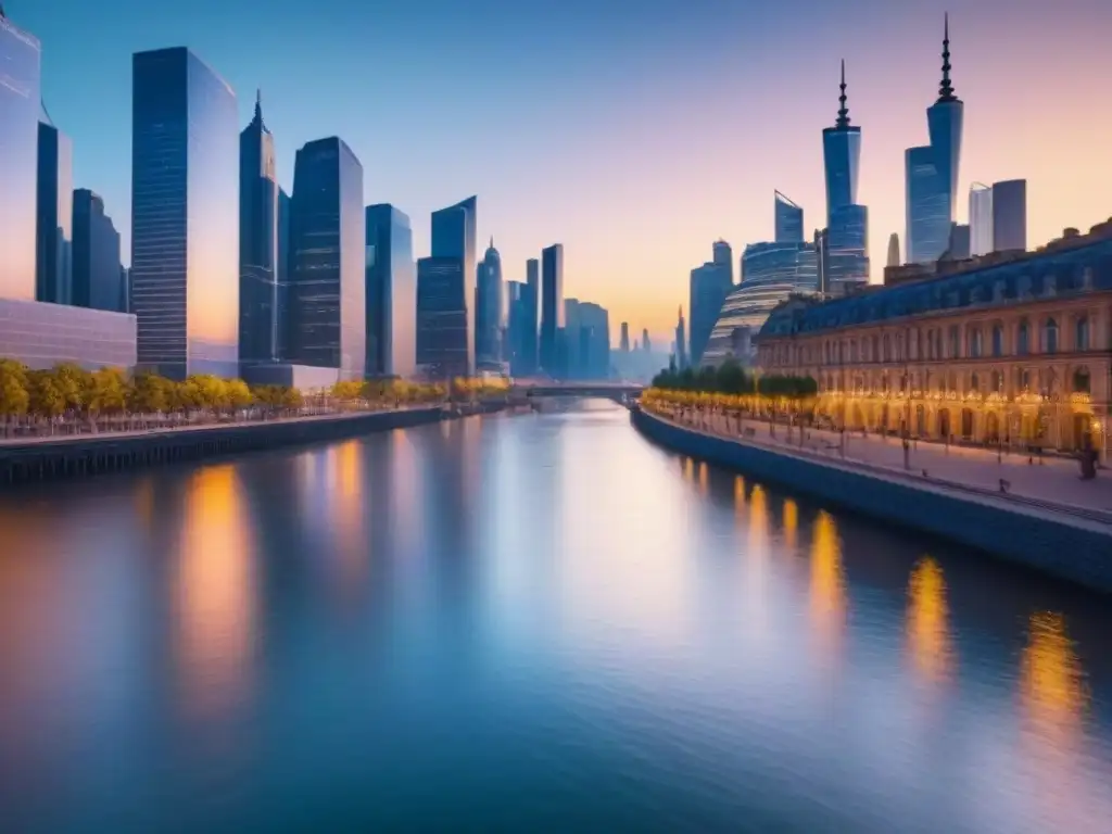 Metrópolis futurista: impacto de News Corp en el mercado inmobiliario Vibrante ciudad futurista reflejada en un río al atardecer, simbolizando la adquisición de Move, Inc