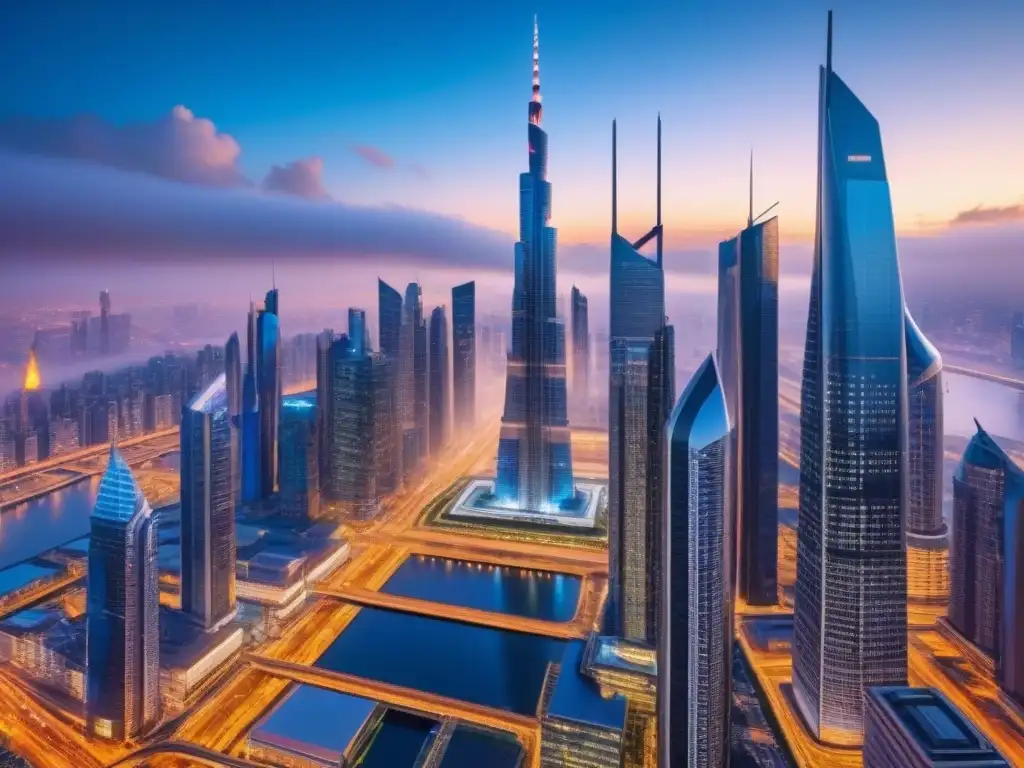 Metrópolis futurista al atardecer: inversión en REIT internacional Vibrante ciudad futurista al anochecer, reflejos de luces en rascacielos
