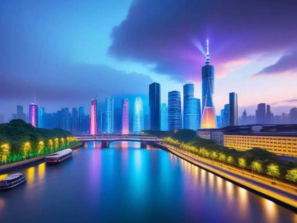 Inversión global en la ciudad futurista al anochecer Vibrante ciudad futurista al anochecer con riesgos políticos inversión inmobiliaria global