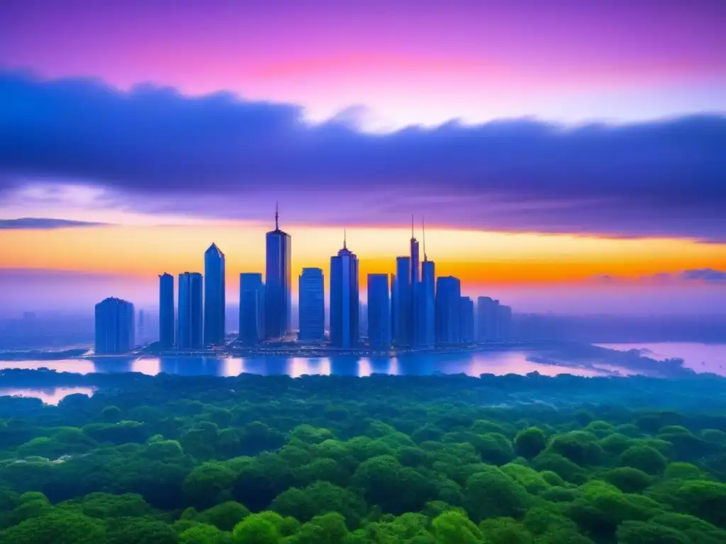 Horizonte urbano futurista entre parques verdes y atardecer vibrante Vibrante ciudad futurista rodeada de parques verdes y agua, bajo un atardecer hipnótico