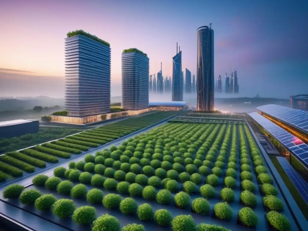 Cityscape futurista sostenible con tecnología verde Vibrante ciudad futurista sostenible al atardecer con energía renovable y naturaleza, reflejando tendencias en desarrollo urbano sostenible