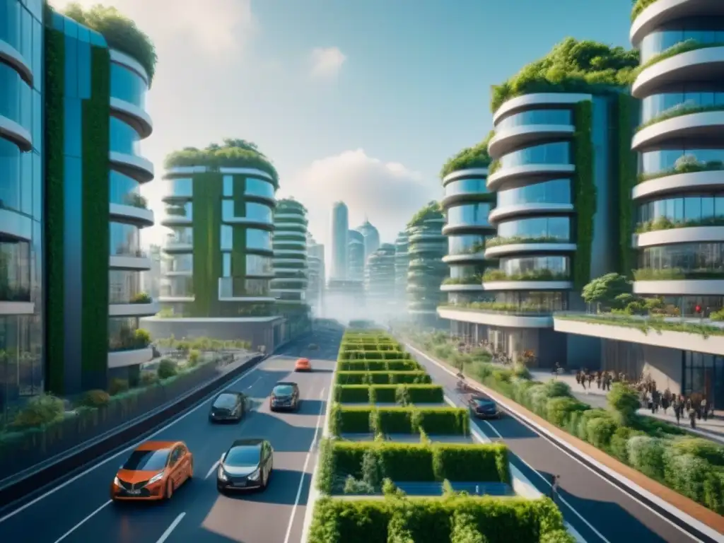 Metrópolis sostenible del futuro: 8k ultra detallada Vibrante ciudad futurista sostenible con edificios verdes, paneles solares y gente activa