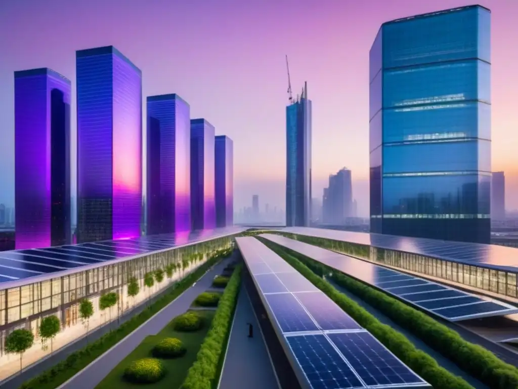 Vibrante ciudad futurista sostenible al atardecer, con beneficios edificios sostenibles inversión