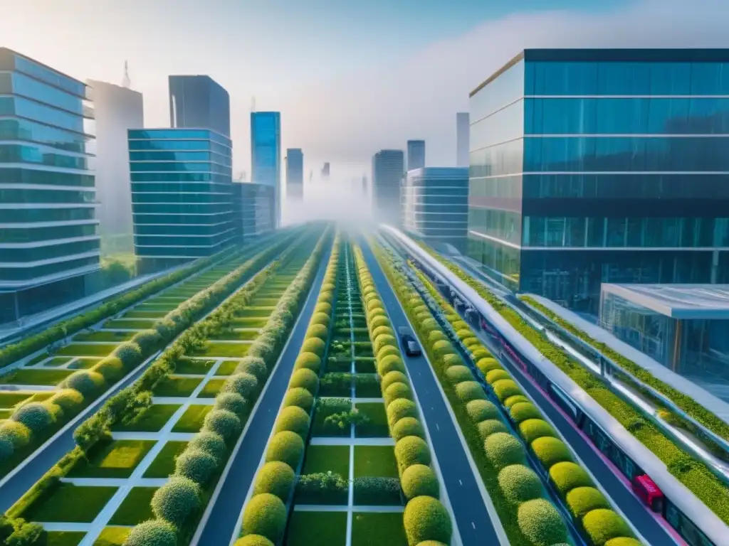 Metrópolis sostenible del futuro: arquitectura moderna, transporte eco Vibrante ciudad futurista sostenible con arquitectura moderna y transporte público eficiente