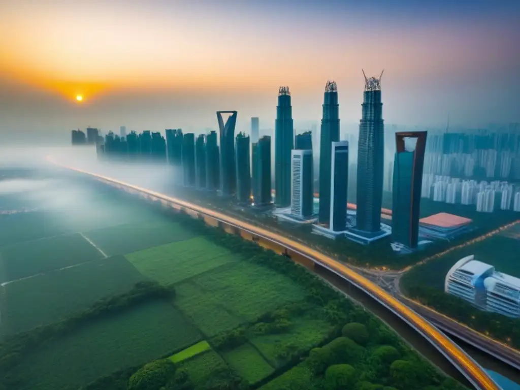 Metrópolis futurista en Asia: visión urbana sostenible Vibrante ciudad futurista del sudeste asiático con megaproyectos inmobiliarios innovadores y sostenibles al atardecer
