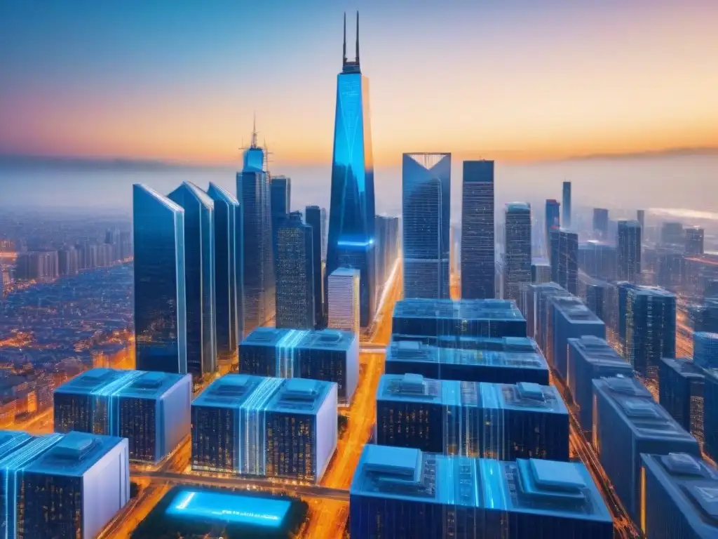 Metropolis futurista: conexiones blockchain en el mercado inmobiliario Vibrante ciudad futurista con tecnología Blockchain en mercado inmobiliario