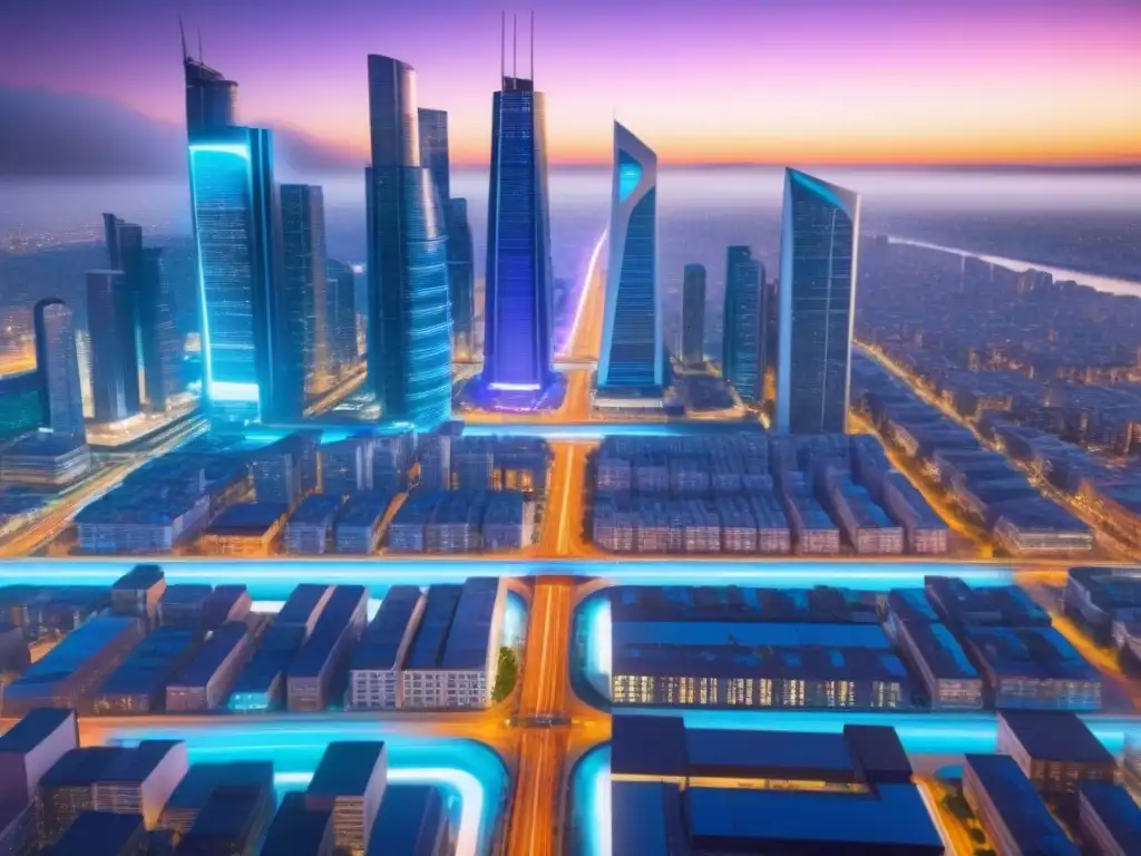 Metrópolis futurista con tecnología de análisis de datos integrada Vibrante ciudad futurista con tecnología de seguimiento de impacto migratorio inmobiliario integrada en la arquitectura