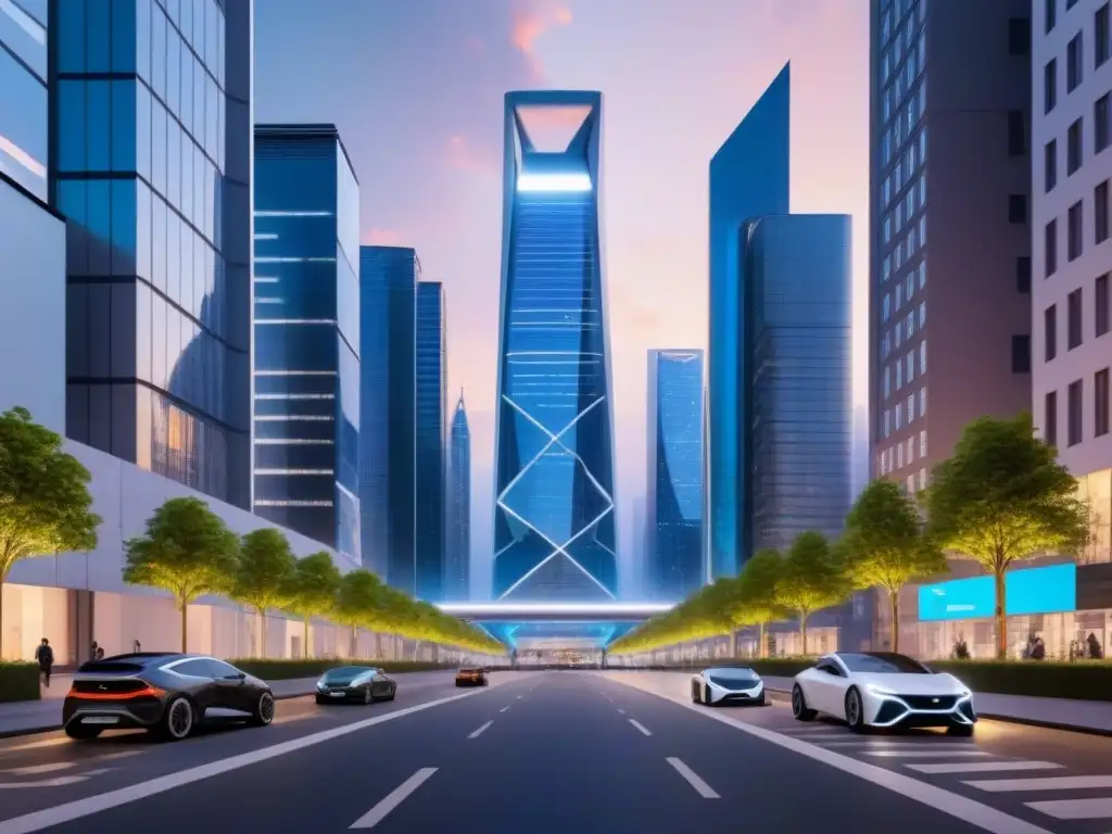 Metrópolis futurista: tecnología avanzada y vida sostenible en armonía Vibrante ciudad futurista al anochecer con tecnología en desarrollos inmobiliarios urbanos