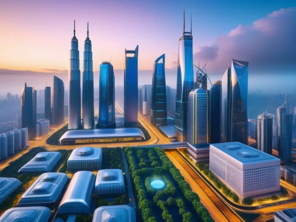 Vibrante ciudad futurista al anochecer con tecnología avanzada y oportunidades de inversión en bienes raíces internacionales