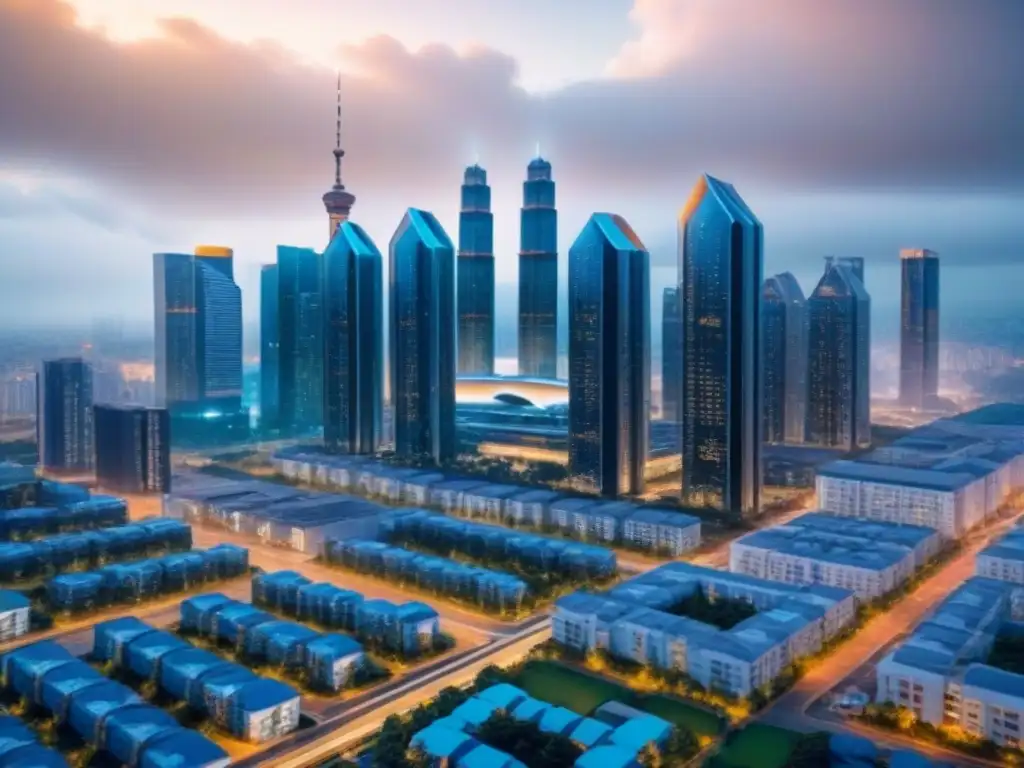 Cityscape futurista con tecnología blockchain en bienes raíces Vibrante ciudad futurista con tecnología blockchain en mercado inmobiliario