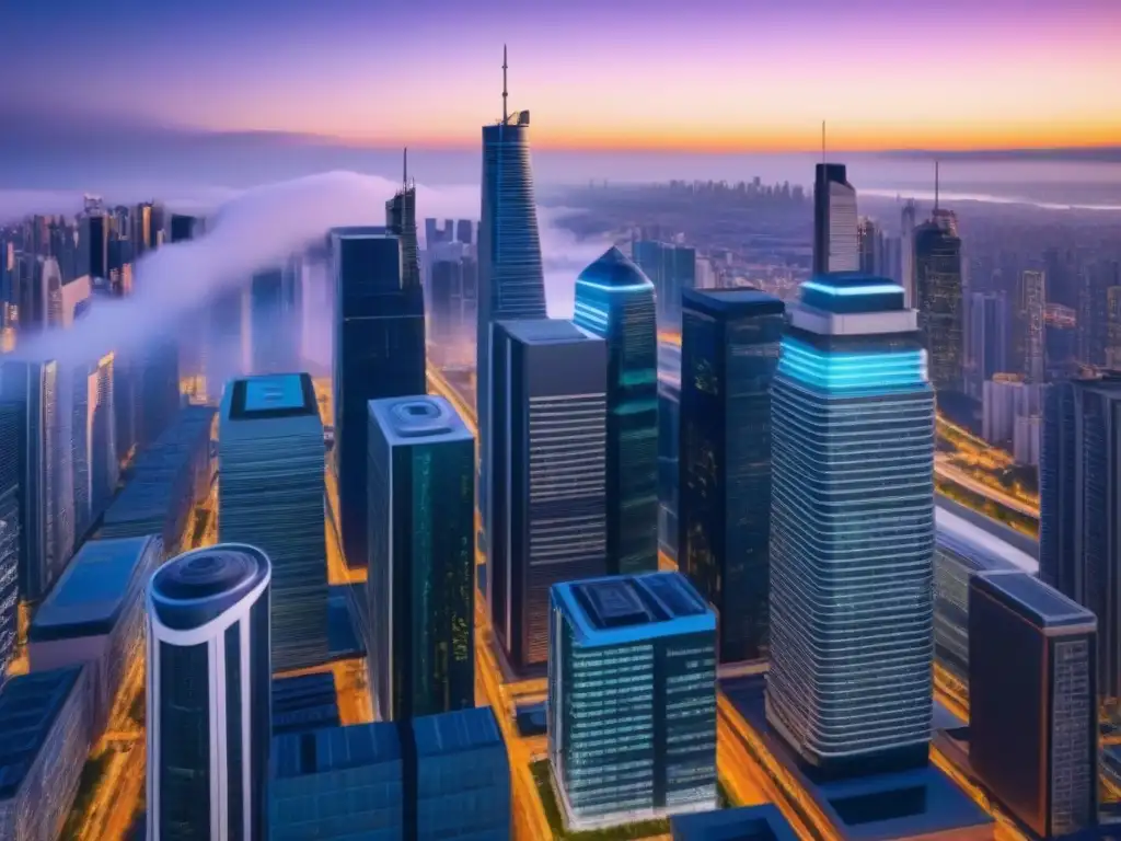 Metrópolis futurista: PropTech revoluciona la arquitectura urbana Vibrante ciudad futurista con tecnología PropTech en mercados inmobiliarios emergentes