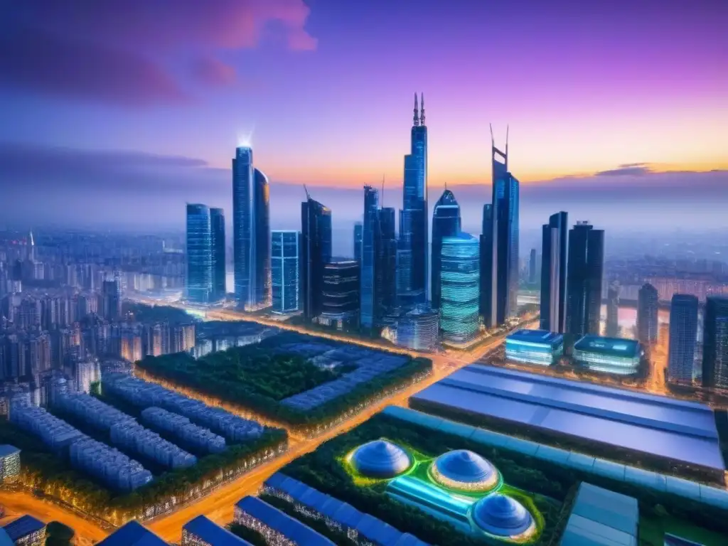 Metrópolis futurista: PropTech y naturaleza en armonía Vibrante ciudad futurista al anochecer con tecnología PropTech y espacios verdes, integrando consejos legales plataformas PropTech