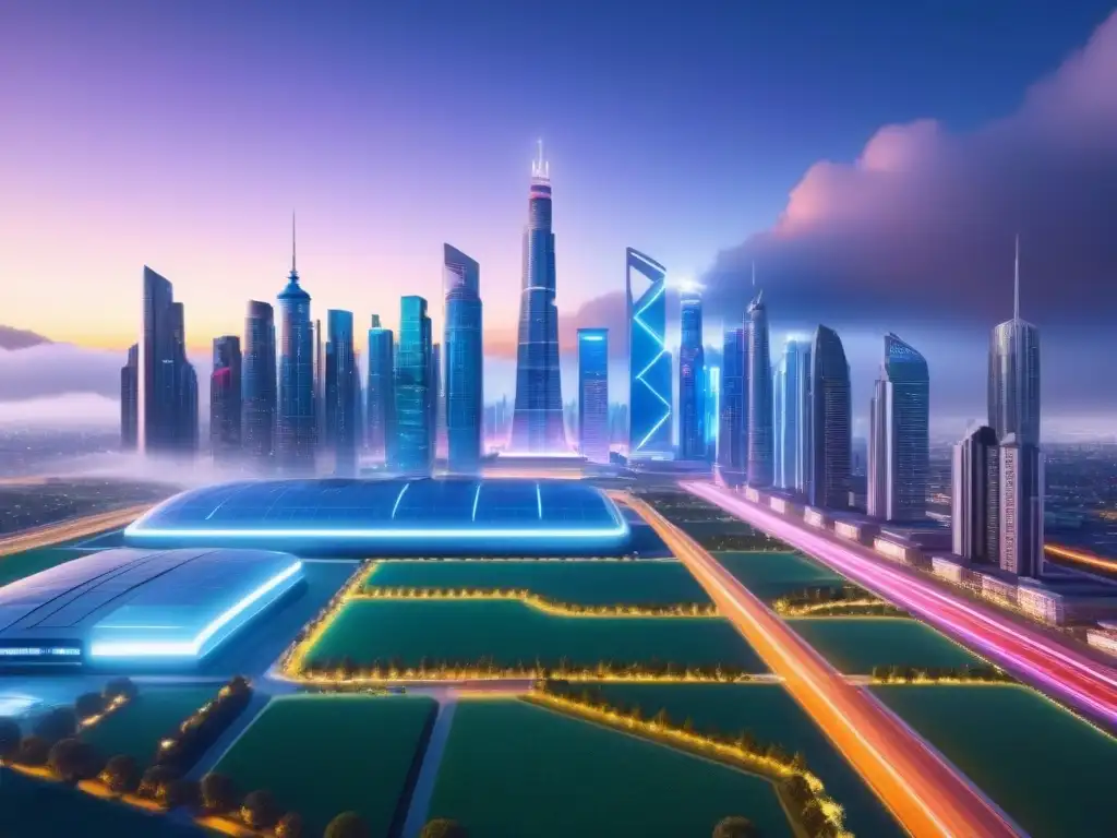 Metrópolis futurista con tecnología avanzada y real estate Vibrante ciudad futurista con tecnologías emergentes integradas en el paisaje urbano, mostrando inversión en terrenos sin desarrollar