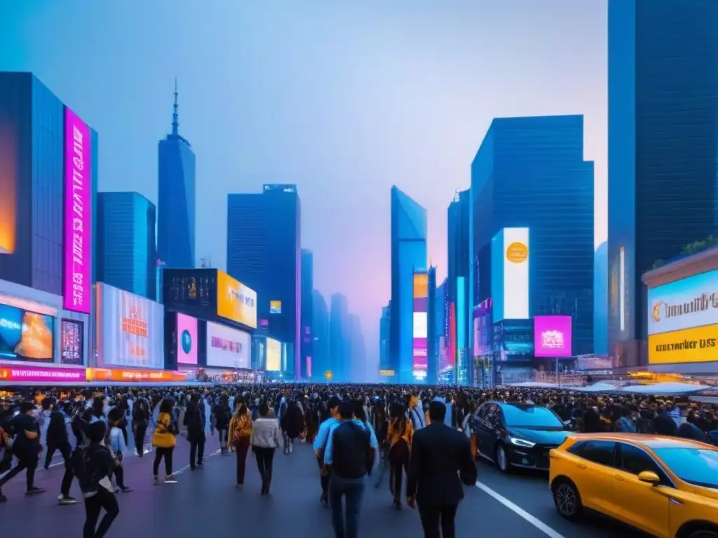 Horizonte urbano futurista con rascacielos de cristal iluminados Vibrante ciudad futurista al anochecer, reflejando tendencias demográficas mercado inmobiliario