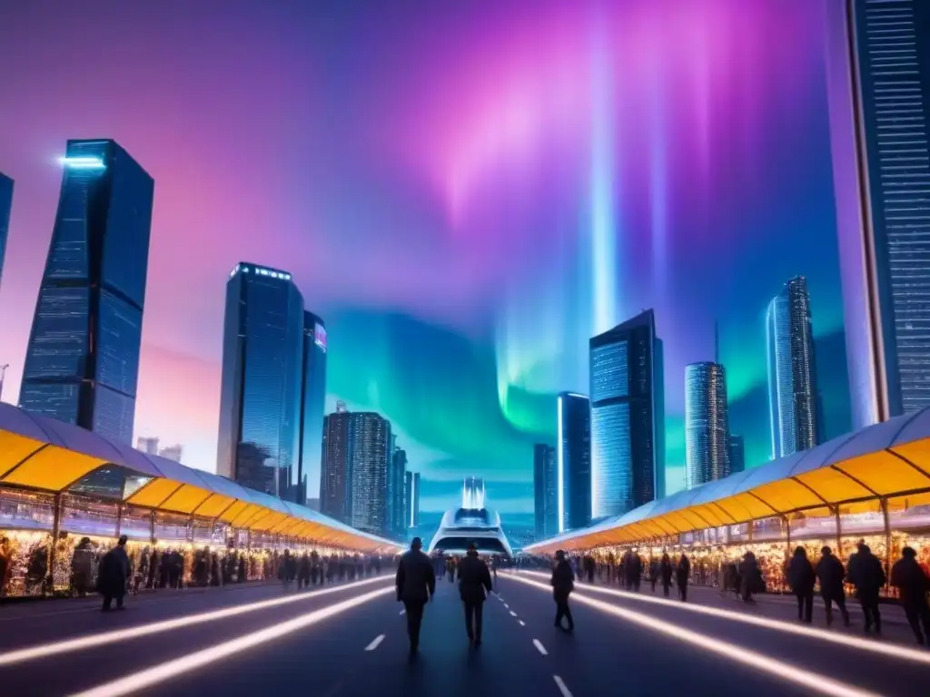 Metrópolis futurista: propiedad inmobiliaria en evolución Vibrante ciudad futurista al anochecer, reflejando tendencias derechos propiedad mercado inmobiliario