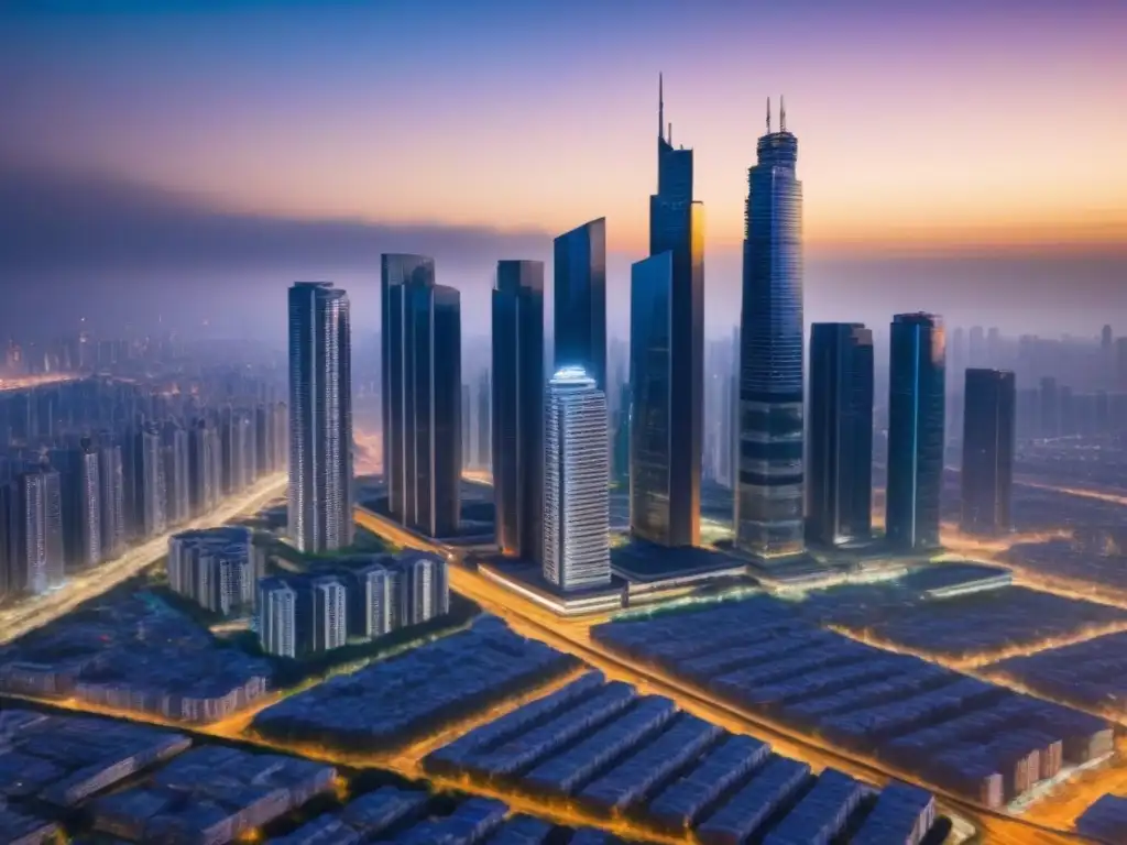 Metrópolis futurista: arquitectura innovadora y sostenible al atardecer Vibrante ciudad futurista al anochecer con tendencias legales mercado inmobiliario