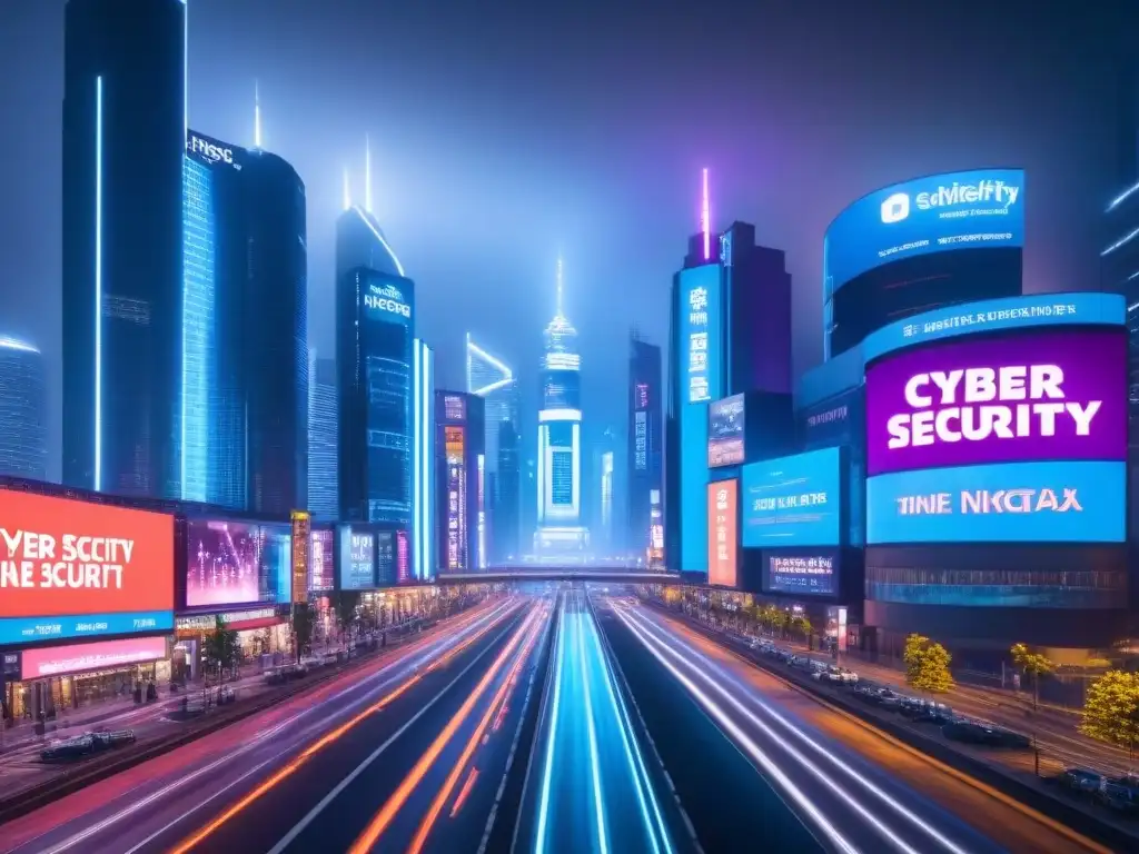 Metrópolis futurista en 8k: ciberseguridad y neón Vibrante ciudad futurista con torres iluminadas y mensajes de ciberseguridad