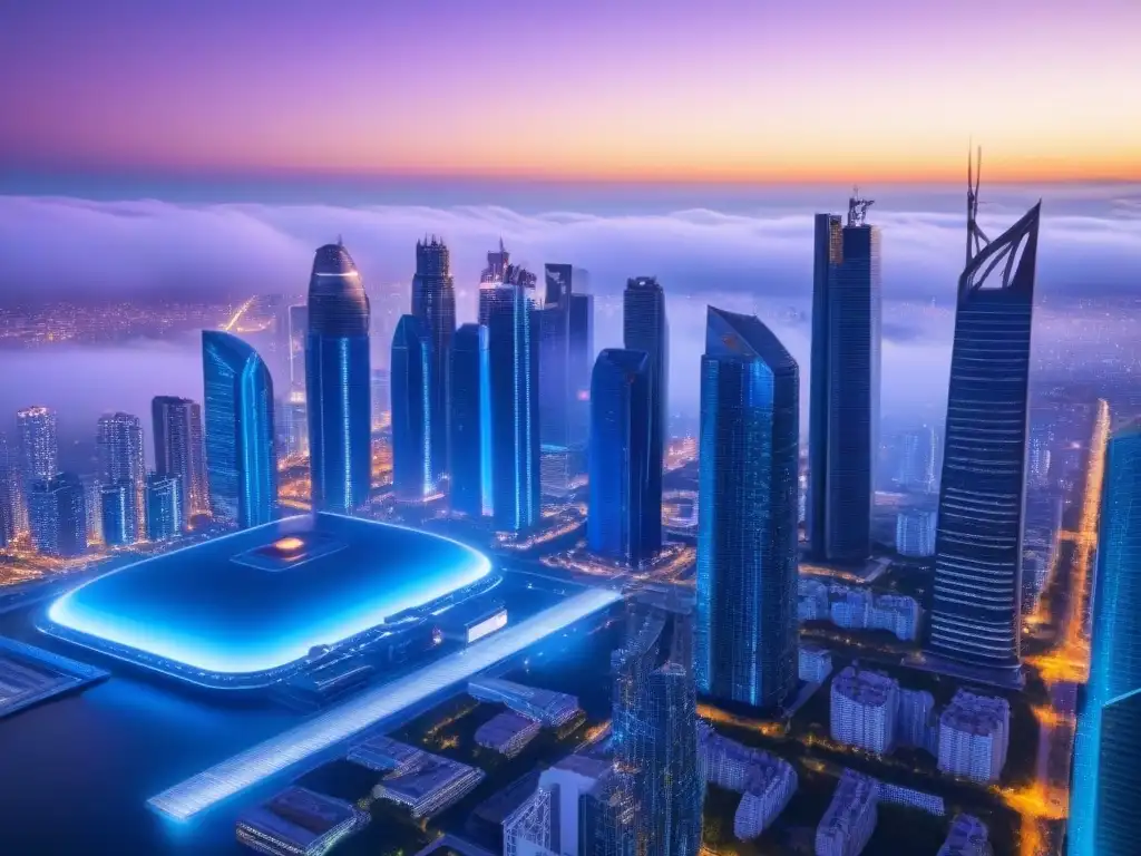 Innovación inmobiliaria: blockchain y ciudades futuristas Vibrante ciudad futurista al anochecer, reflejando transacciones inmobiliarias internacionales con blockchain