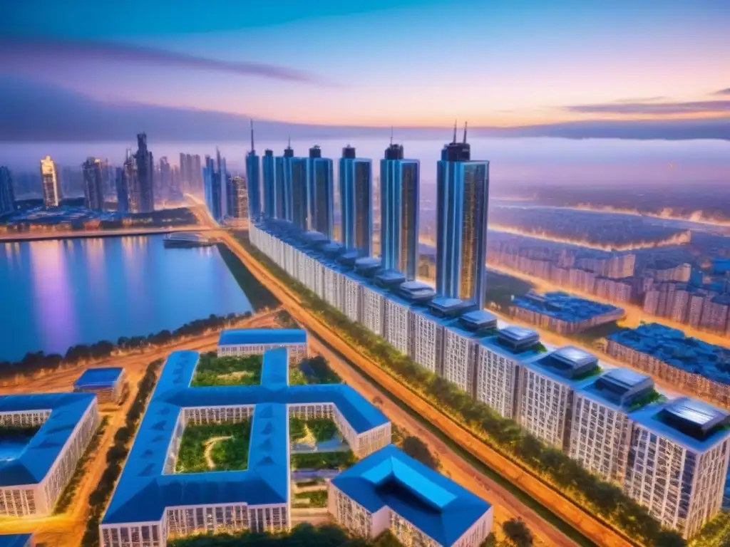 Metrópolis sostenible: diseño urbano eco-friendly del futuro Vibrante ciudad futurista al anochecer con urbanismo sostenible integrado en la arquitectura moderna