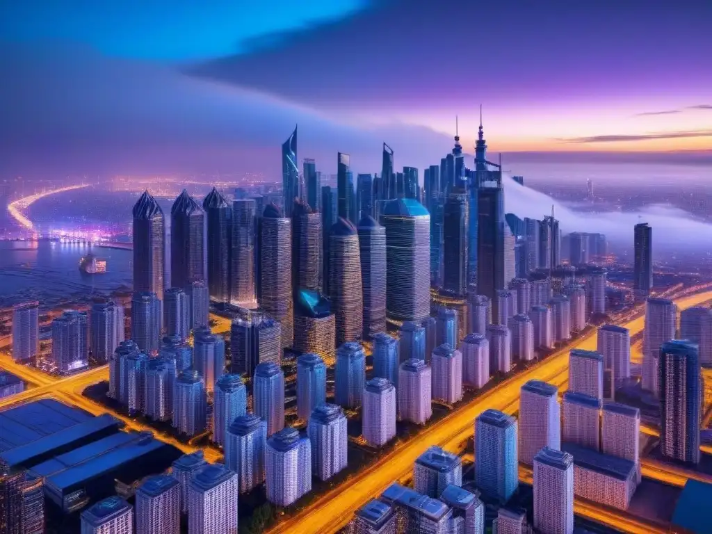 Metrópolis futurista: luces neón y arquitectura vanguardista Vibrante ciudad futurista al anochecer