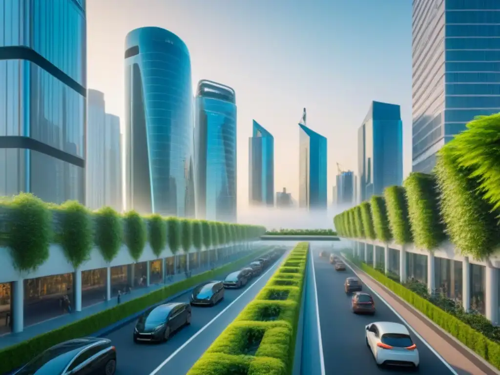 Metrópolis futurista: rascacielos verdes y tecnología sostenible Vibrante ciudad del futuro con construcción sostenible en mercado inmobiliario