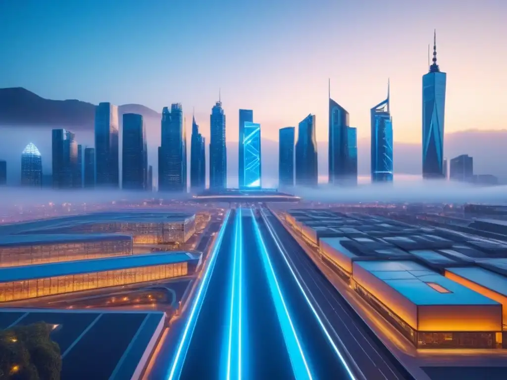 Metrópolis futurista con tecnología AI integrada Vibrante ciudad del futuro con tecnología AI integrada, drones, autos autónomos y edificios inteligentes