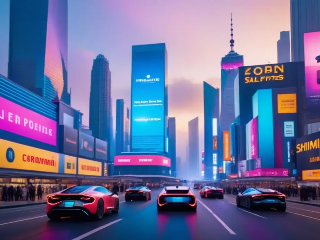 Metrópolis futurista al anochecer: innovación y progreso Vibrante ciudad del futuro con rascacielos relucientes y luces de neón, reflejando fusiones capitales inmobiliarias globales